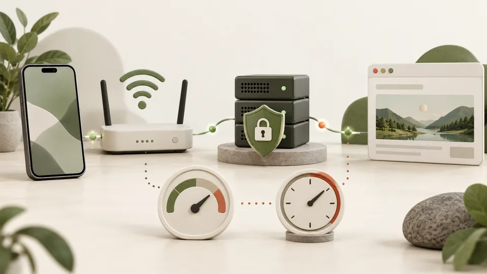 Телефон, Wi-Fi и VPN-узел с символами скорости и задержки: условная иллюстрация